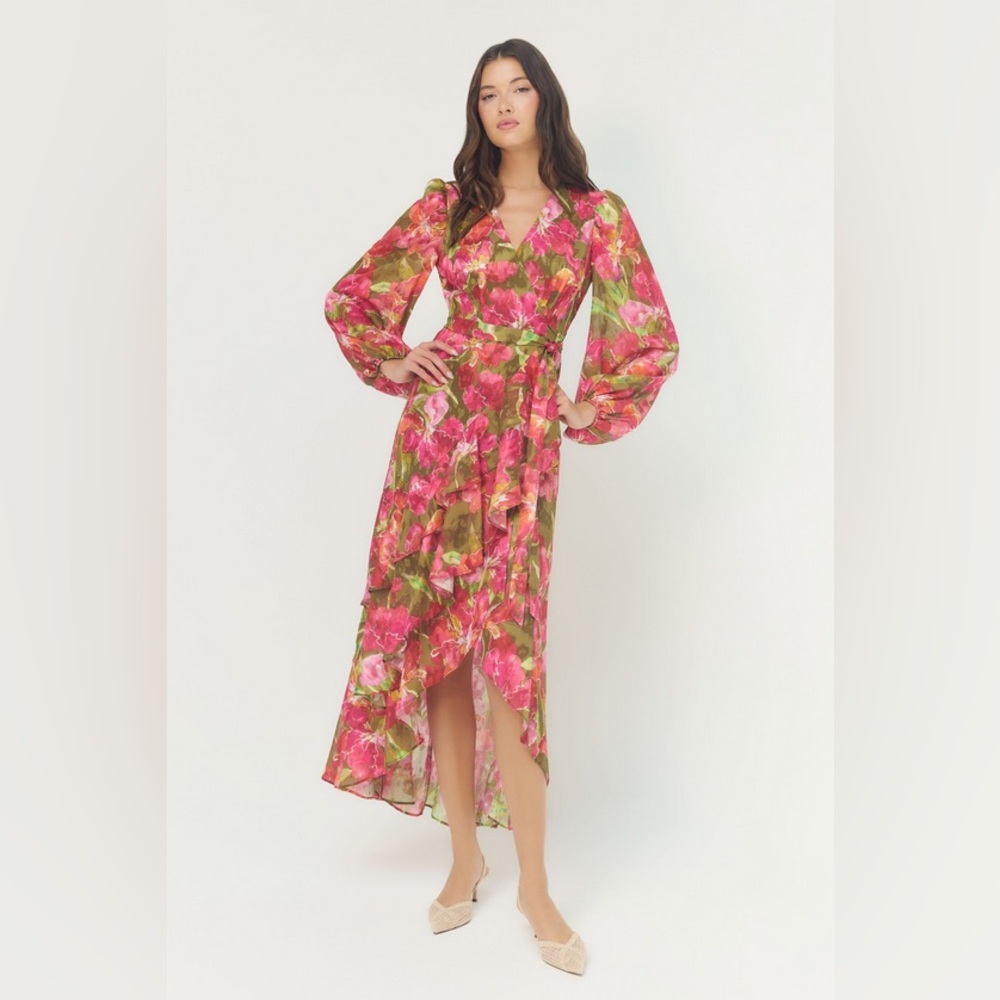 NWT Hutch Sadey Gown in Olive/ Multi Watercolor Vivid Orchids Burnout size Small